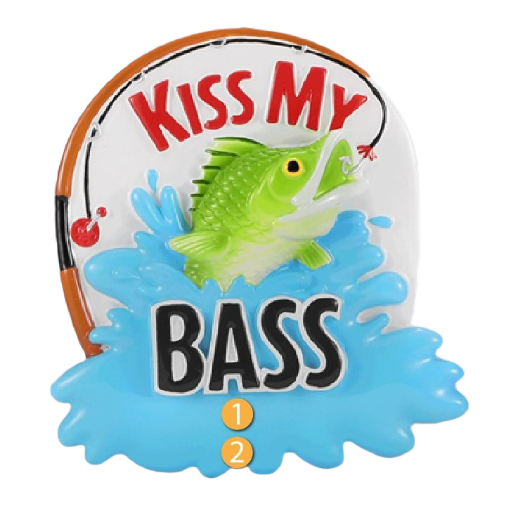 Christmas ornament with green sea bass leaping from water and fishing rod featuring "Kiss My Bass" message