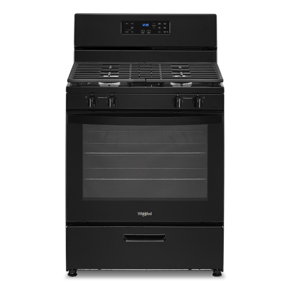 front view of black freestanding gas range with oven window, control knobs, and digital display for kitchen appliances