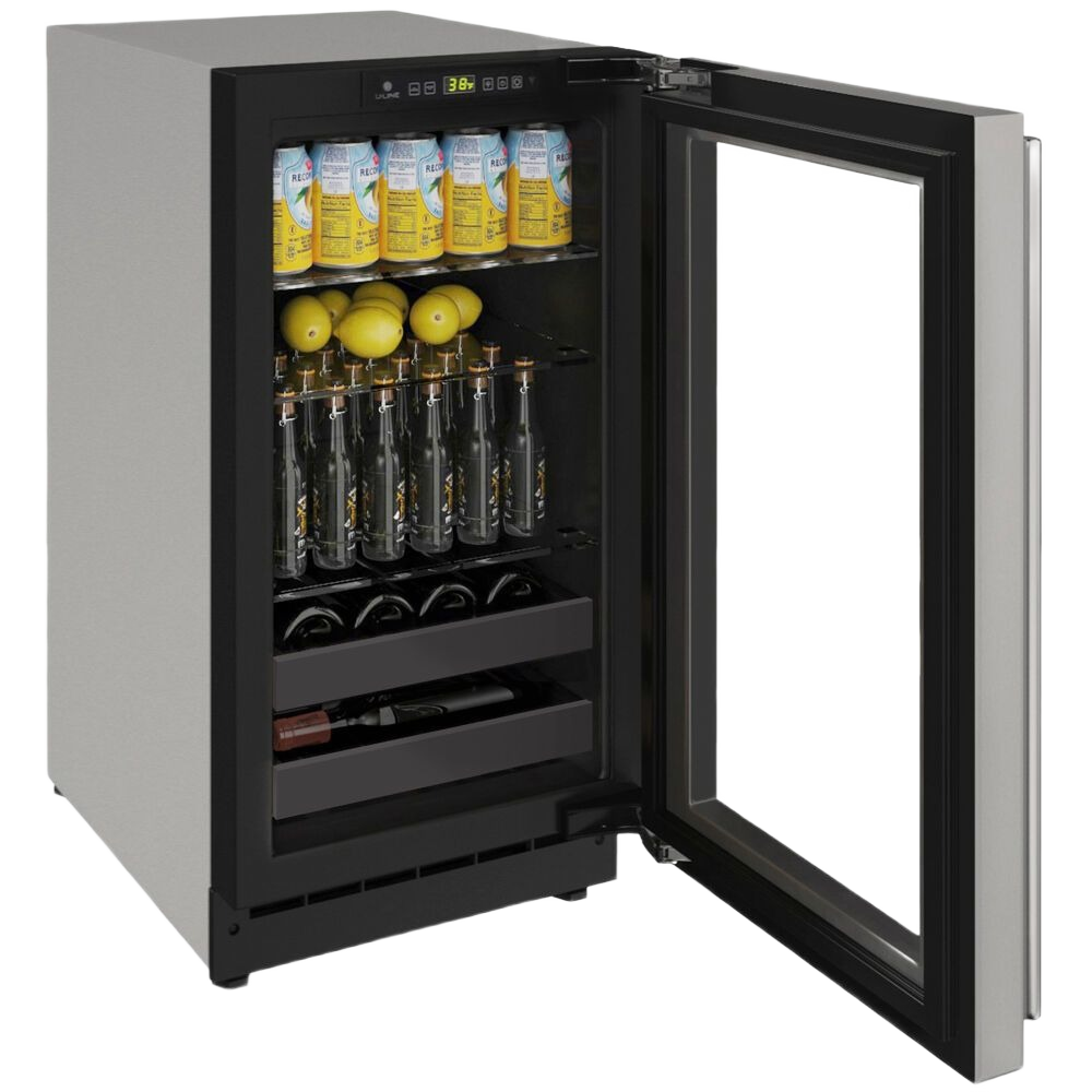 Built-in beverage center with glass door, reversible hinge, digital controls, adjustable shelves, and stainless steel trim