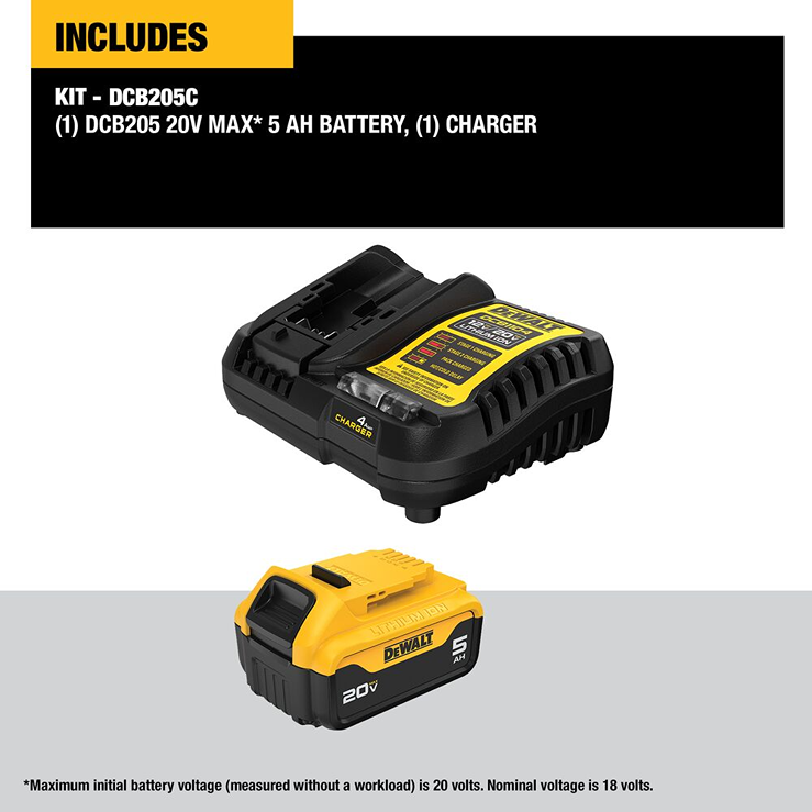 Yellow and black 20V MAX 5Ah battery and charger kit for reliable power tools and home improvement tasks