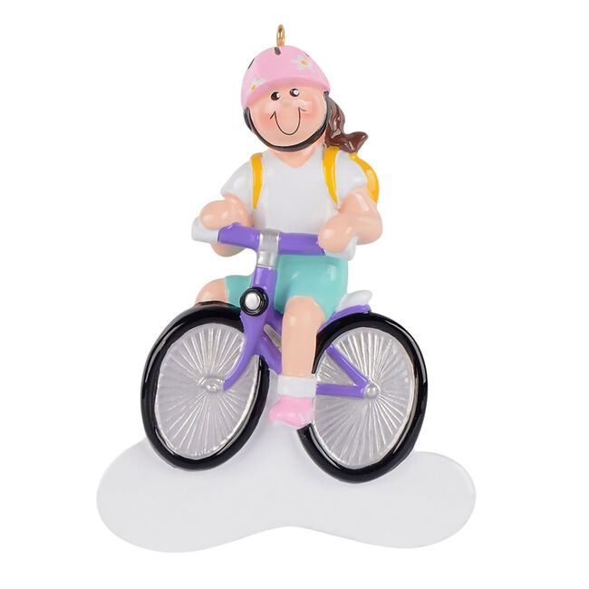 Brunette girl wearing pink helmet riding purple bicycle ornament from Christmas Ornaments & Tree Decorations collection