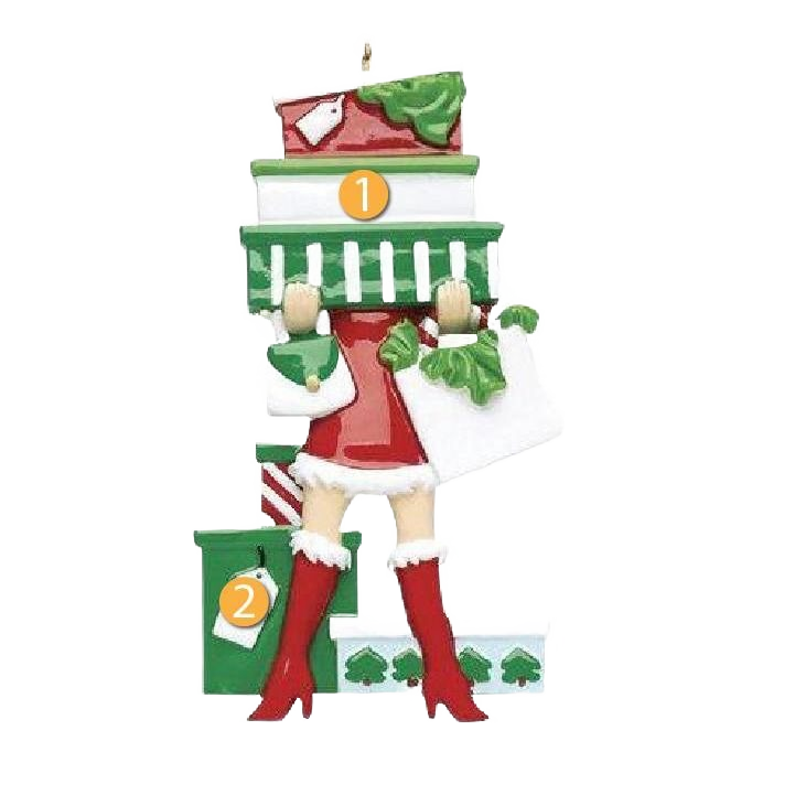 Christmas ornament of festive woman in red boots holding shopping bags and boxes for tree decoration under $50 collection