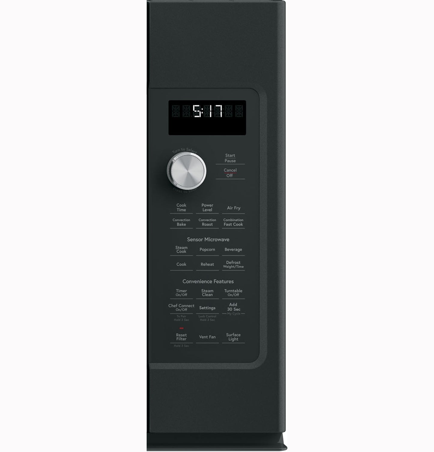 Side view of black convection microwave oven control panel with digital display and rotating dial in Microwaves collection