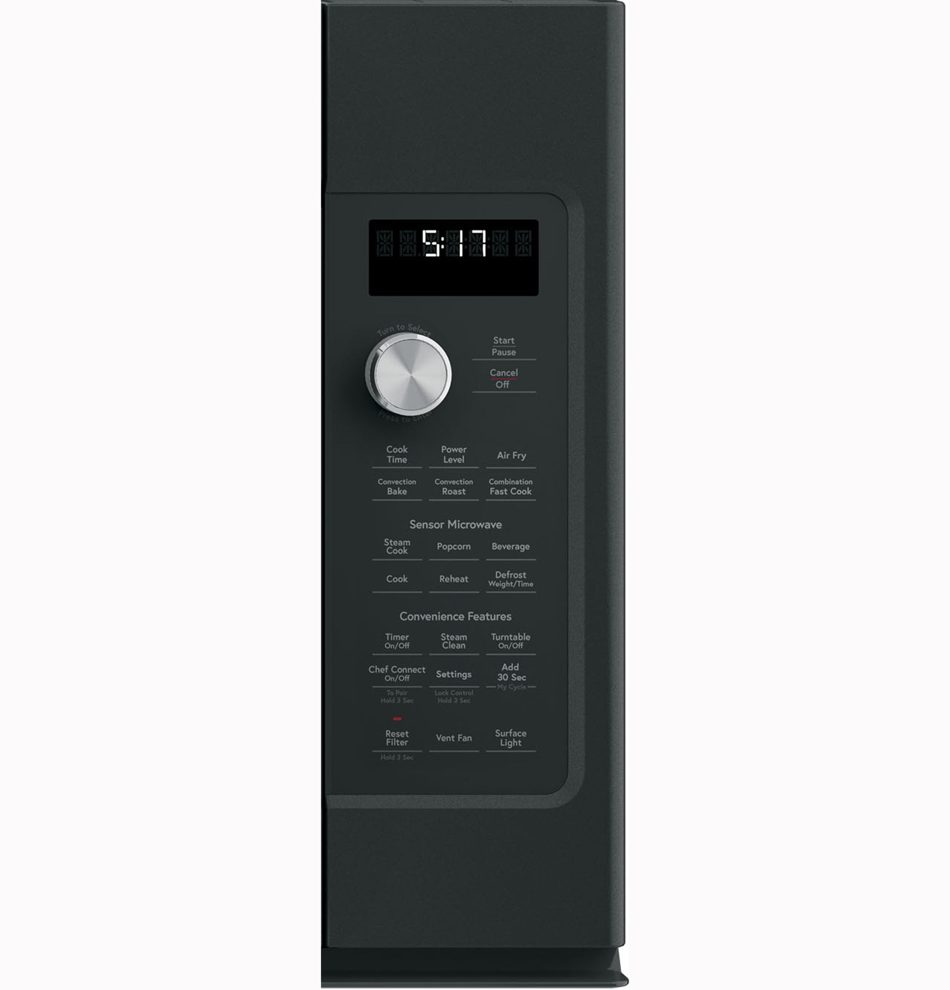 Side view of black convection microwave oven control panel with digital display and rotating dial in Microwaves collection