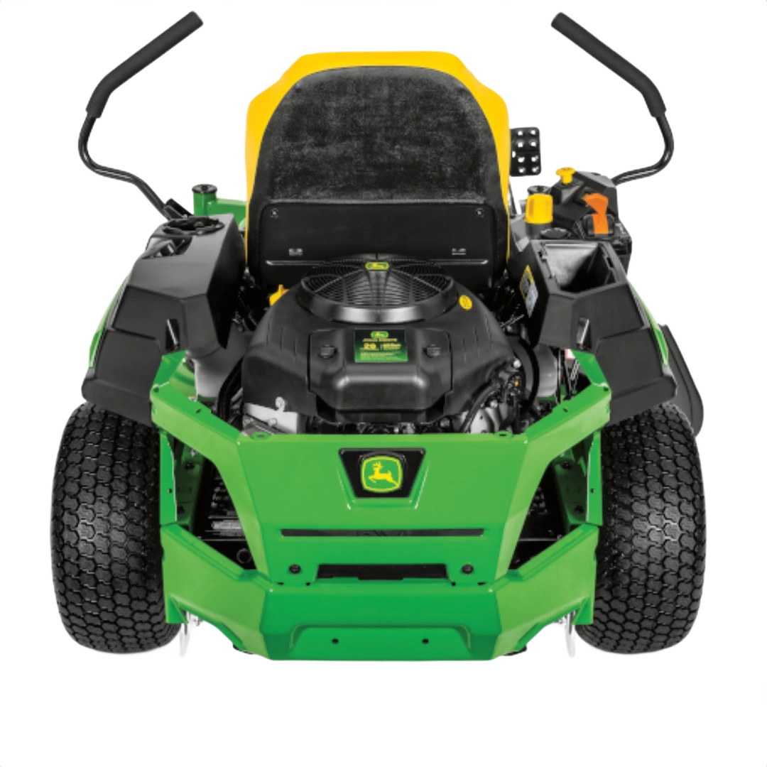Front view of green and yellow zero-turn mower with wide tires and operator seat for tools and home improvement use