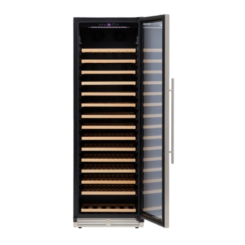 Tall black wine cooler with glass door and wooden shelves for wine storage in refrigerators and kitchen appliances collections