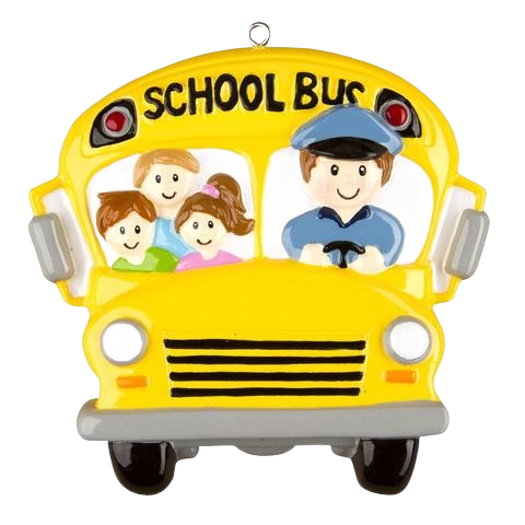 Yellow school bus ornament featuring a smiling driver and three children, ideal for Christmas Ornaments & Tree Decorations collection