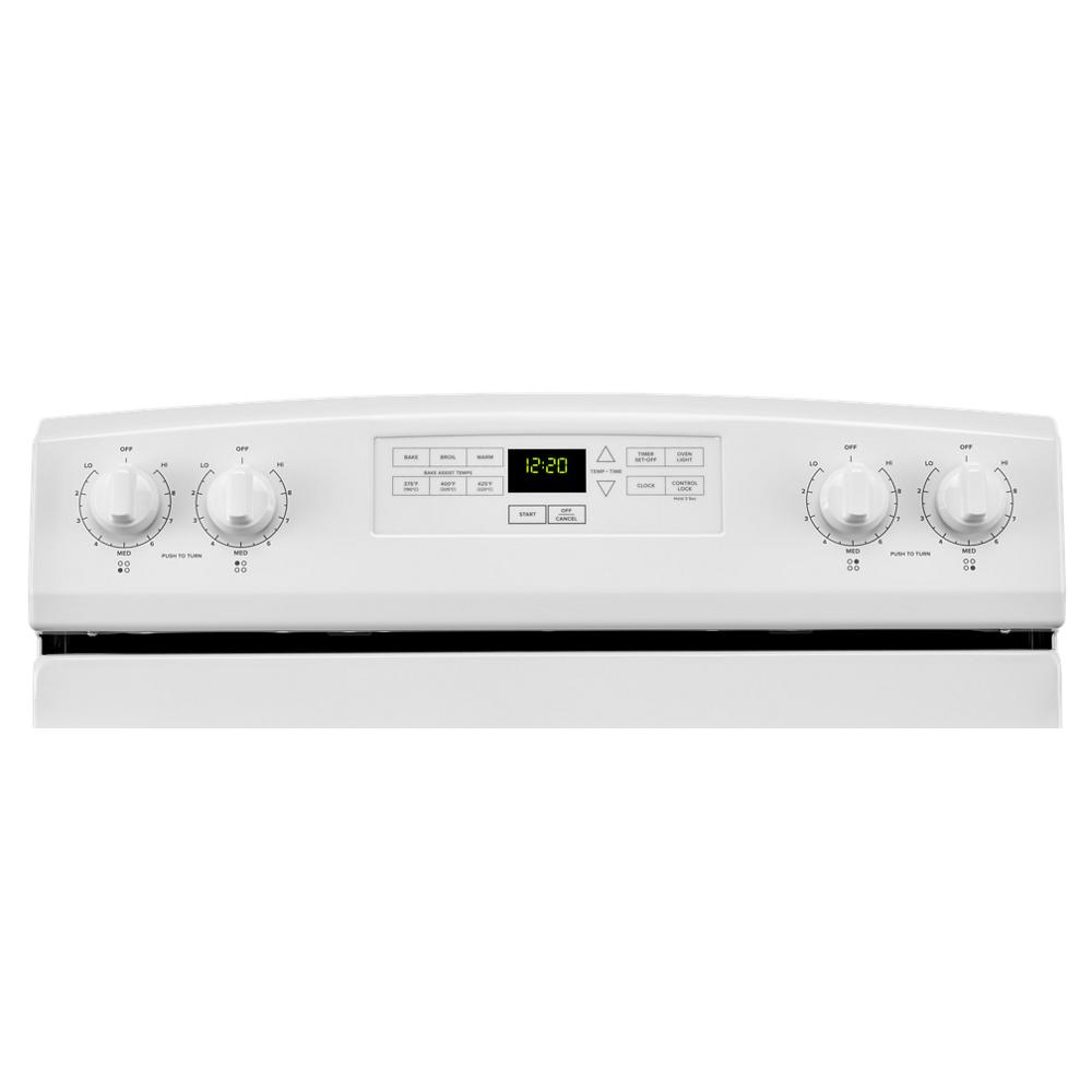 Control panel and knobs on white 30-inch Amana electric range from kitchenware and appliances collection