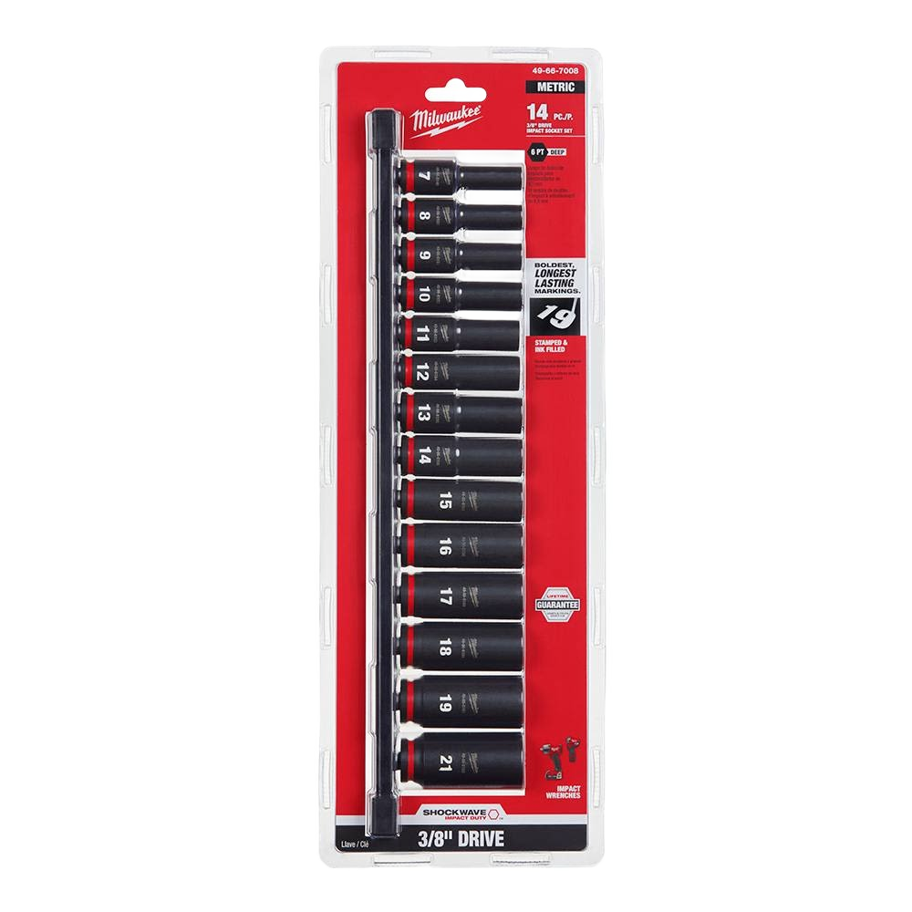 14-piece black metric deep sockets set with 6-point design for impact duty in Milwaukee hand tools collection