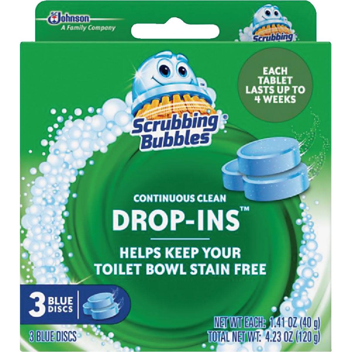 Pack of three blue toilet bowl cleaning tablets providing continuous stain-free freshness in bathroom cleaners under $50