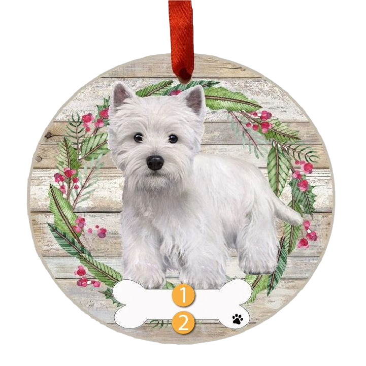 Round Christmas ornament featuring a white Westie dog in a festive wreath with berries and greenery design