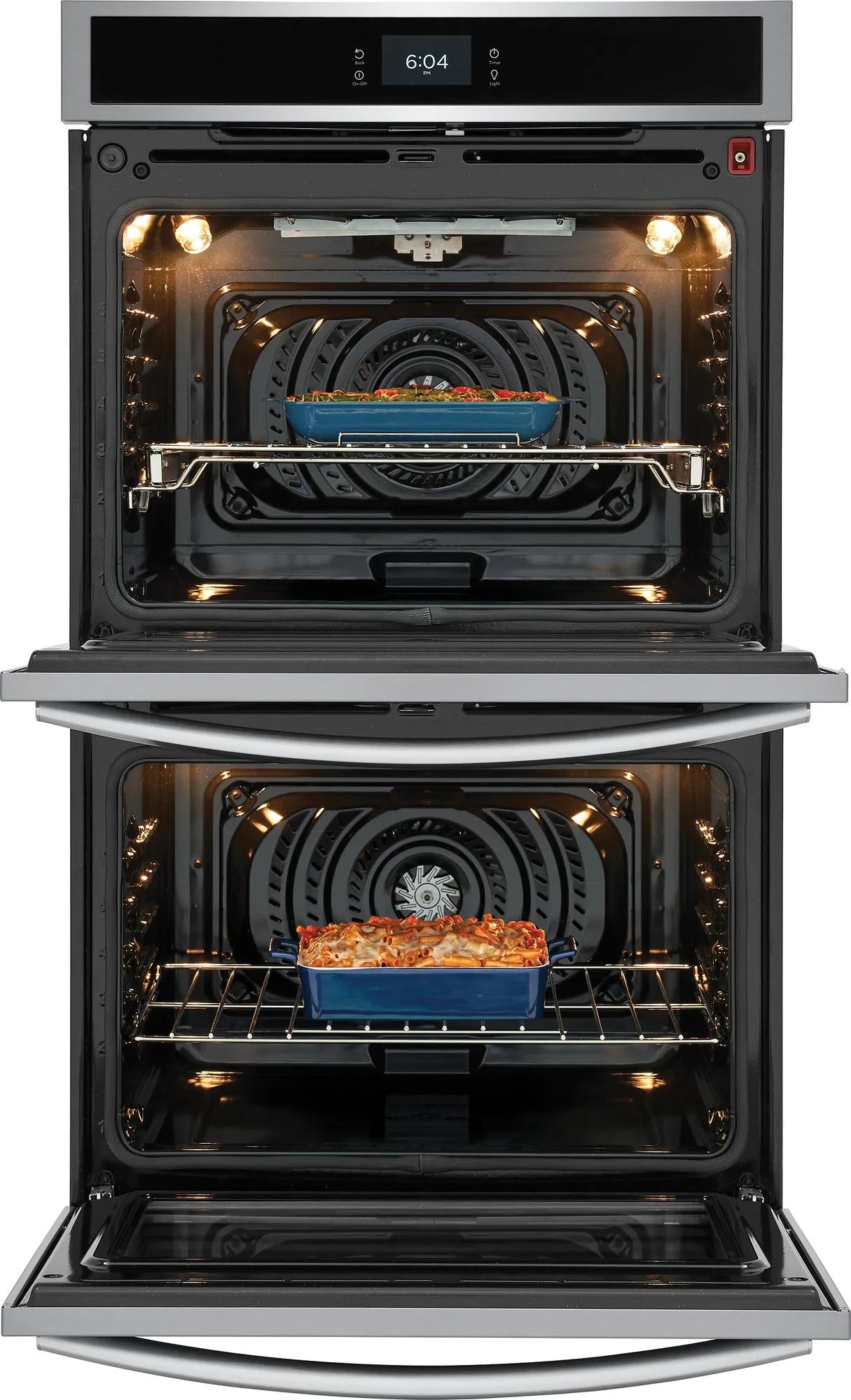Stainless steel double wall oven with two baking dishes inside lit interiors for kitchen and home improvement collections