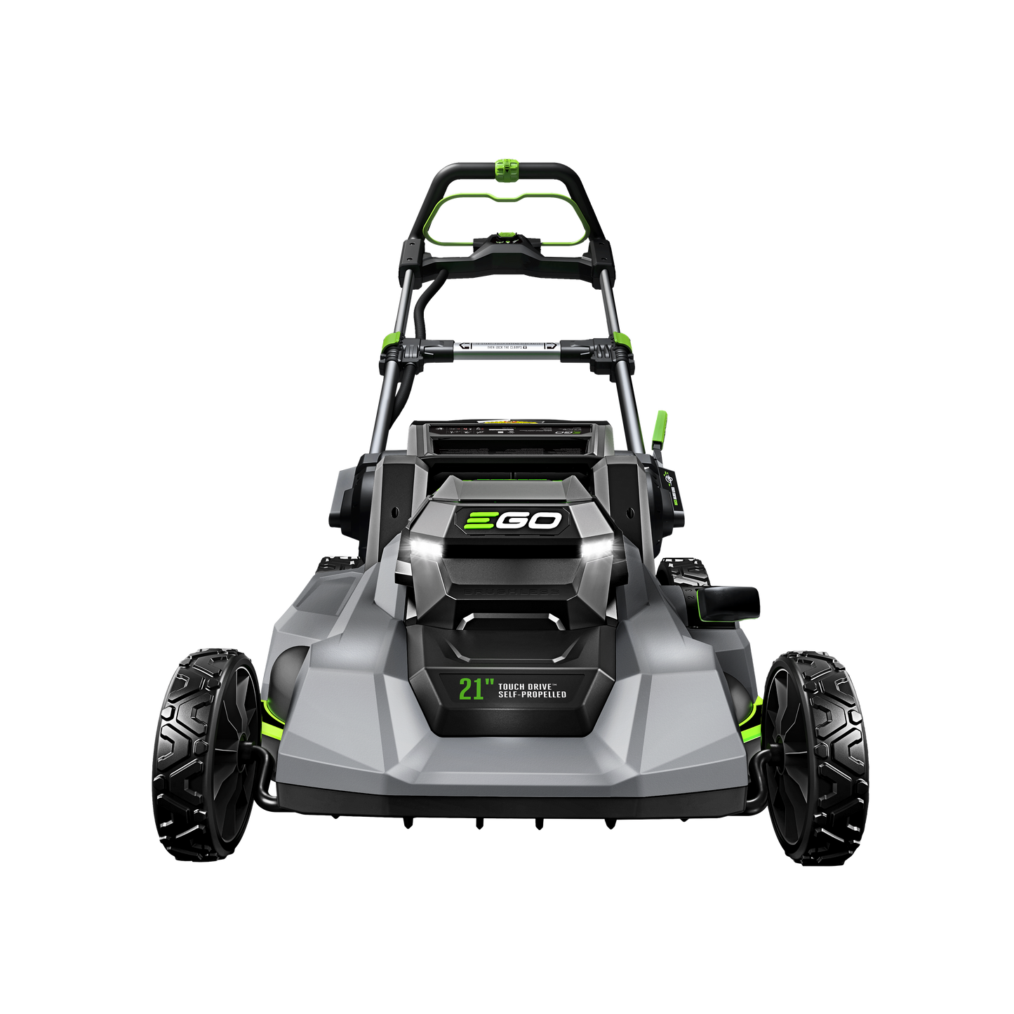 Gray and black self-propelled mower with green accents for outdoor power equipment and lawn care tasks