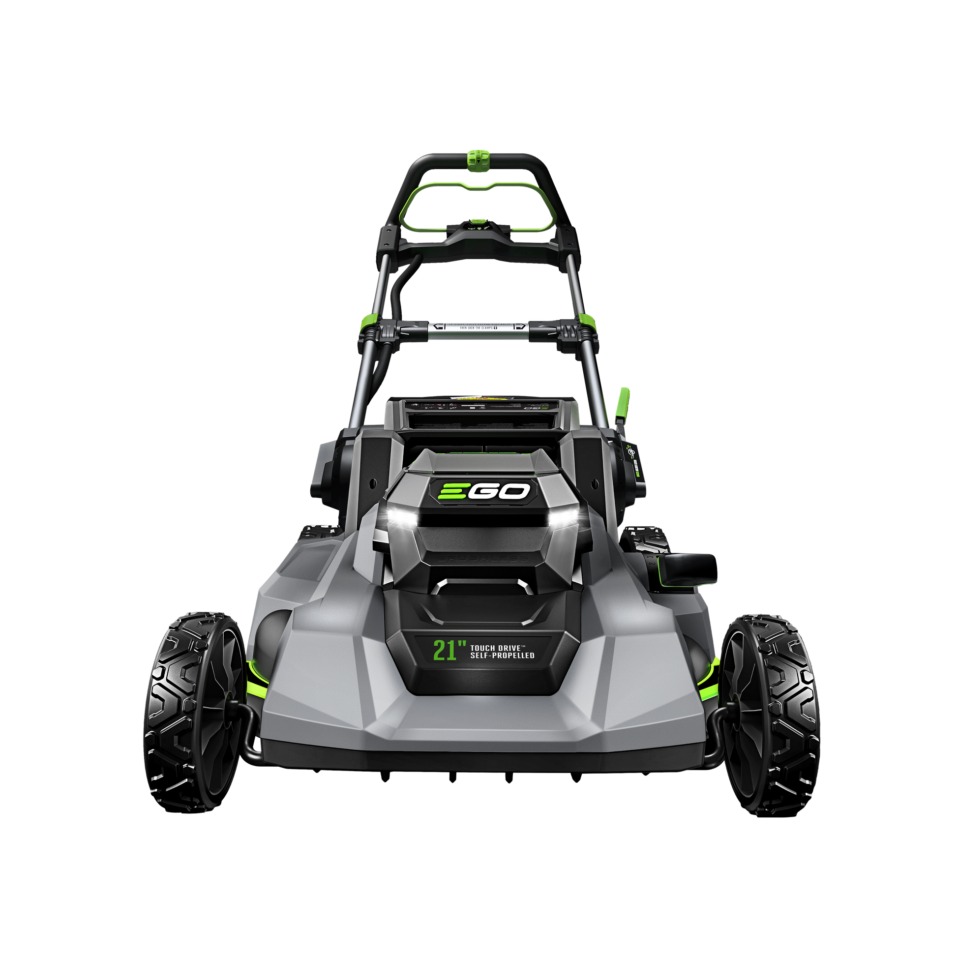 Gray and black self-propelled mower with green accents for outdoor power equipment and lawn care tasks