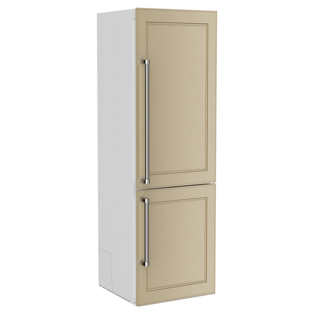 Beige built-in bottom mount refrigerator with panel-ready doors and stainless steel handles in KitchenAid Appliances collection