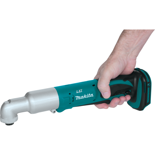 Hand holding Makita cordless angle impact driver with teal and black ergonomic handle for tools and home improvement tasks