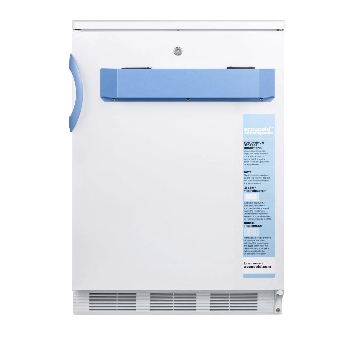 Compact built-in all-refrigerator with blue handle and alarm panel for medical and laboratory use in appliances collection