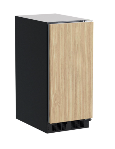 Built-in low profile clear ice machine with wood panel door for kitchen and appliance collections