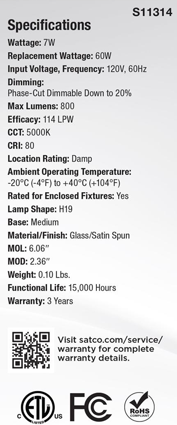 Specification label showing details for a 7W LED satin spun glass bulb with 5000K natural light output