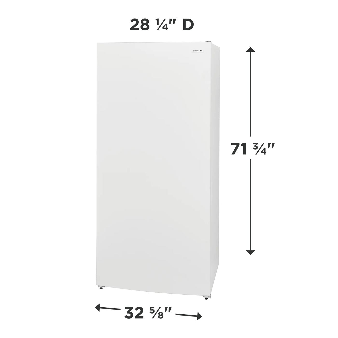 White upright freezer measuring 71 ¾ inches tall and 28 ¼ inches deep from appliances and freezers collection
