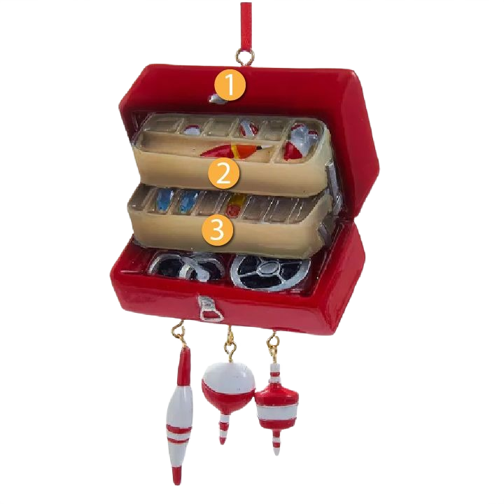 Red personalized tackle box ornament with detailed fishing bobbers and hooks for Christmas tree decor under $50 collection