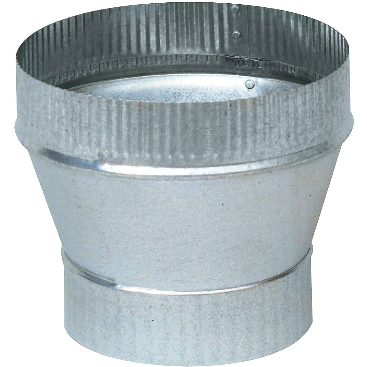 Galvanized metal pipe increaser with seamless construction for use in home improvement and HVAC applications