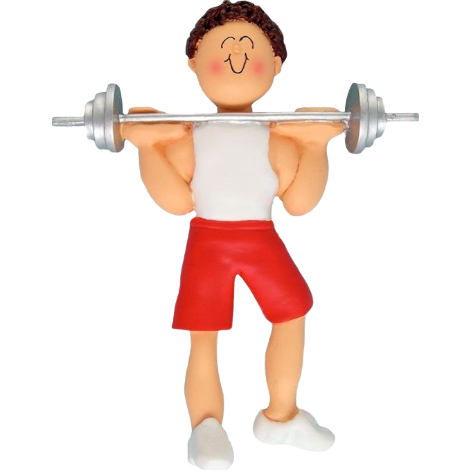 Smiling brunette male weightlifter figurine in red shorts lifting barbell, Christmas Ornaments & Tree Decorations under $50 collection
