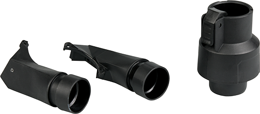 Black plastic dust collection attachments designed for use with power tools in home improvement tasks