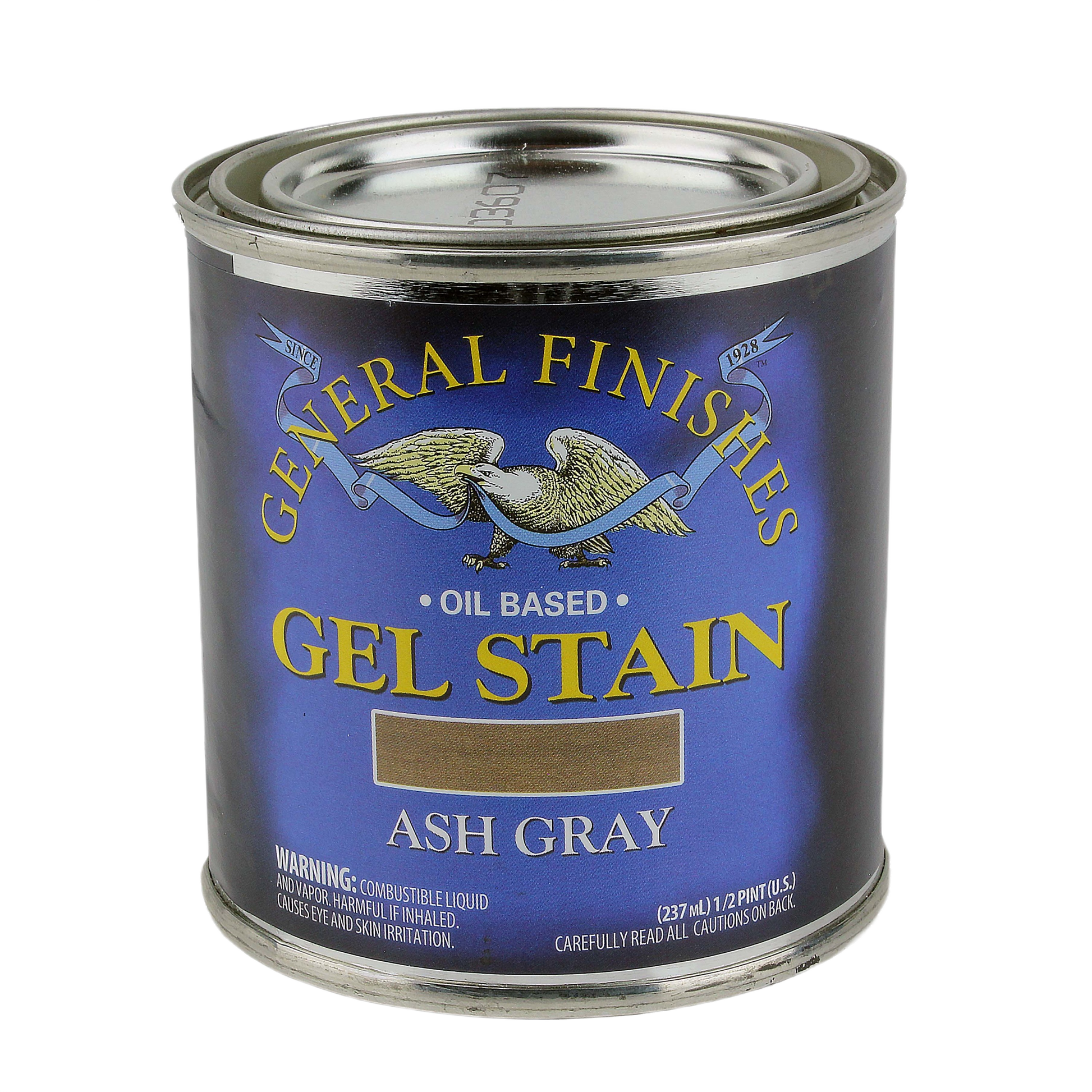 Metal can of ash gray gel stain with blue and yellow label, part of stains and sealers collection under $50