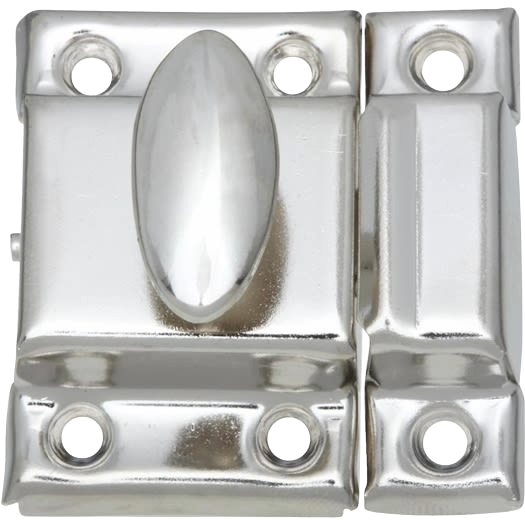 Nickel finish cupboard turn latch with oval knob and multiple mounting holes for hardware and furniture use