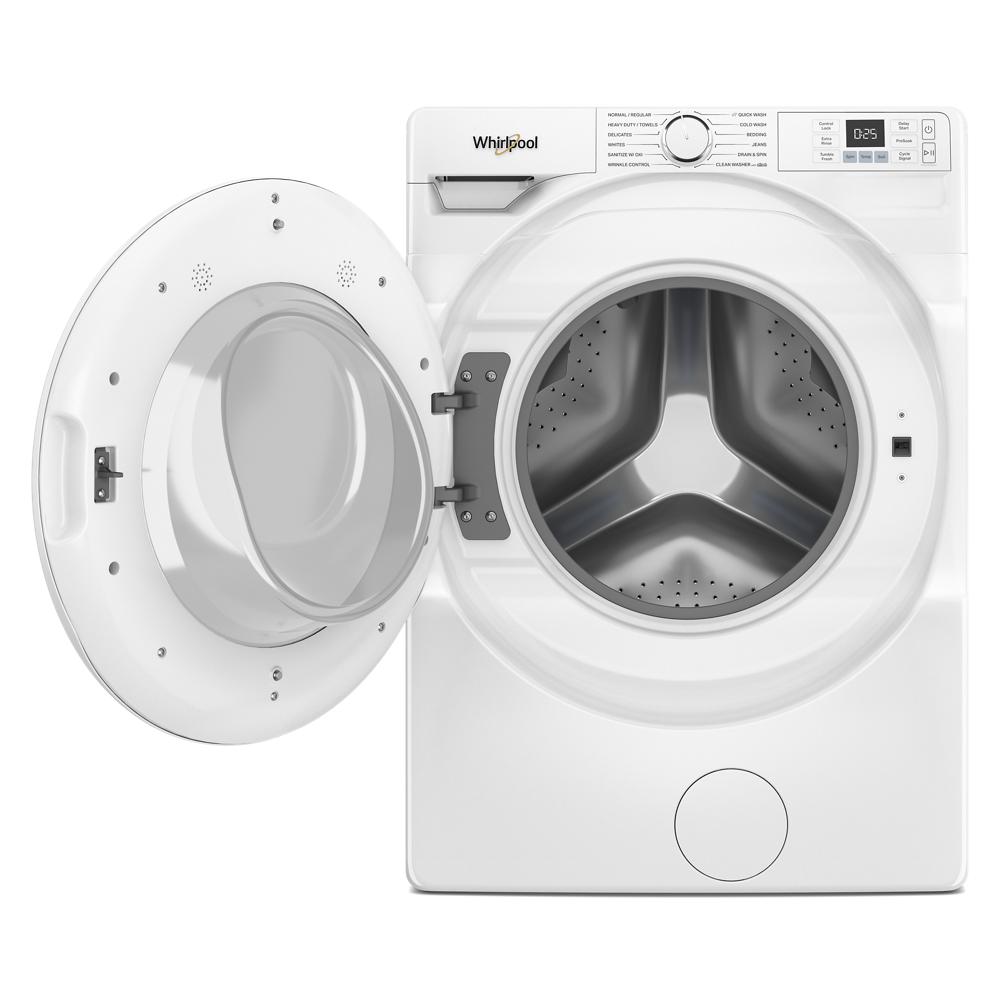 White front load washer with open door, digital controls, and stainless steel drum in washers and appliances collection