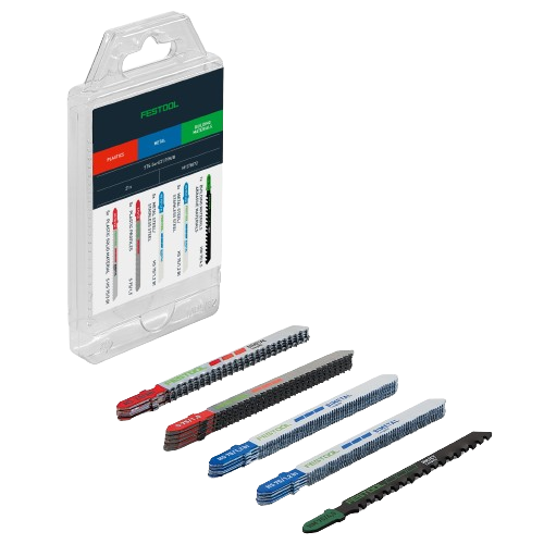 Set of five specialty jigsaw blades with color-coded handles in Festool woodworking and power tool accessories collection under $100