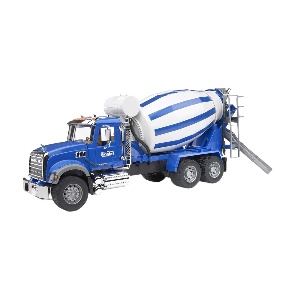 Blue and white 1:16 scale cement mixer truck model with rotating drum and detailed cab for construction play