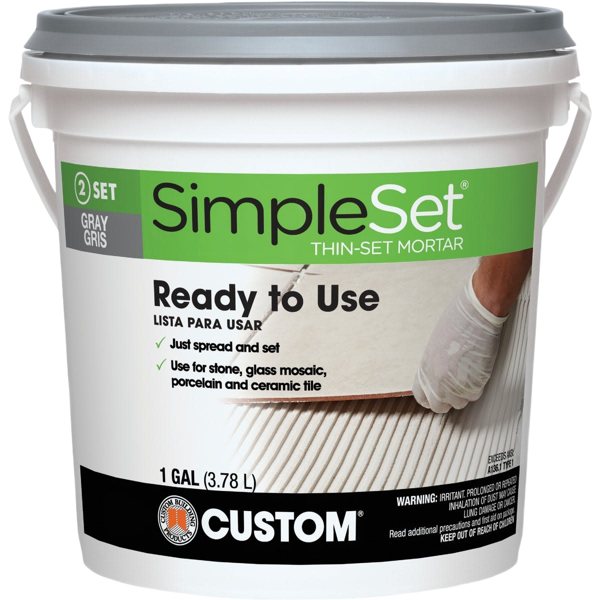 1 gallon container of gray pre-mixed thin-set mortar for tile setting in masonry and flooring projects