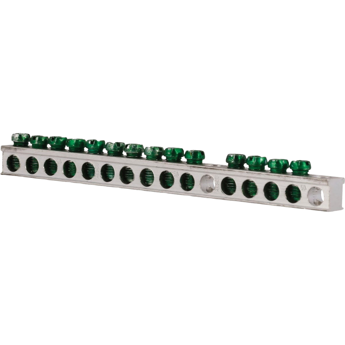 Aluminum ground bar with 14 terminals and green screw connectors for electrical home improvement projects