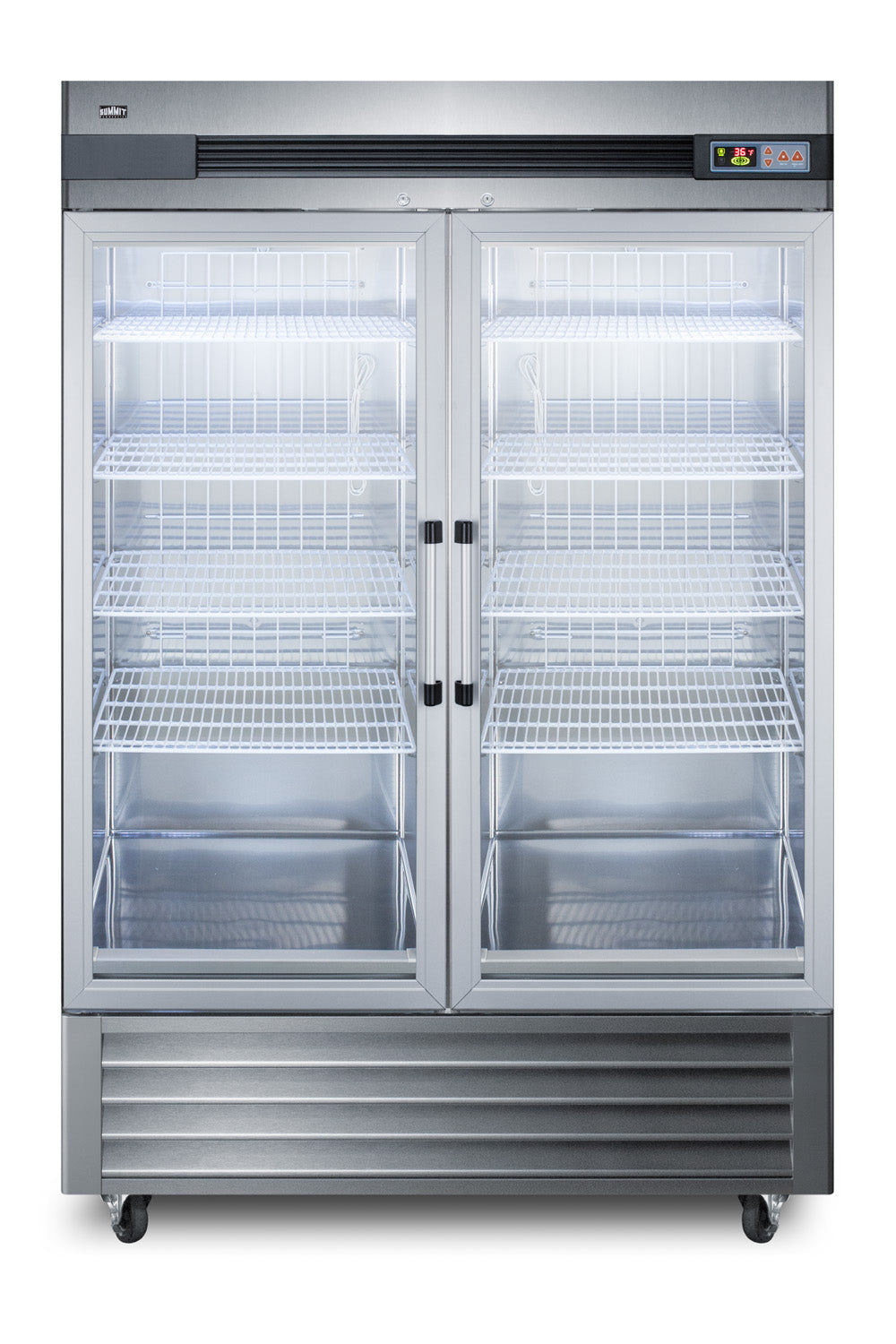 Commercial stainless steel reach-in refrigerator with two glass doors and multiple white wire shelves for kitchen appliances collection