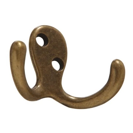 Antique brass double hook for hanging clothes and accessories in hardware and storage organization collections