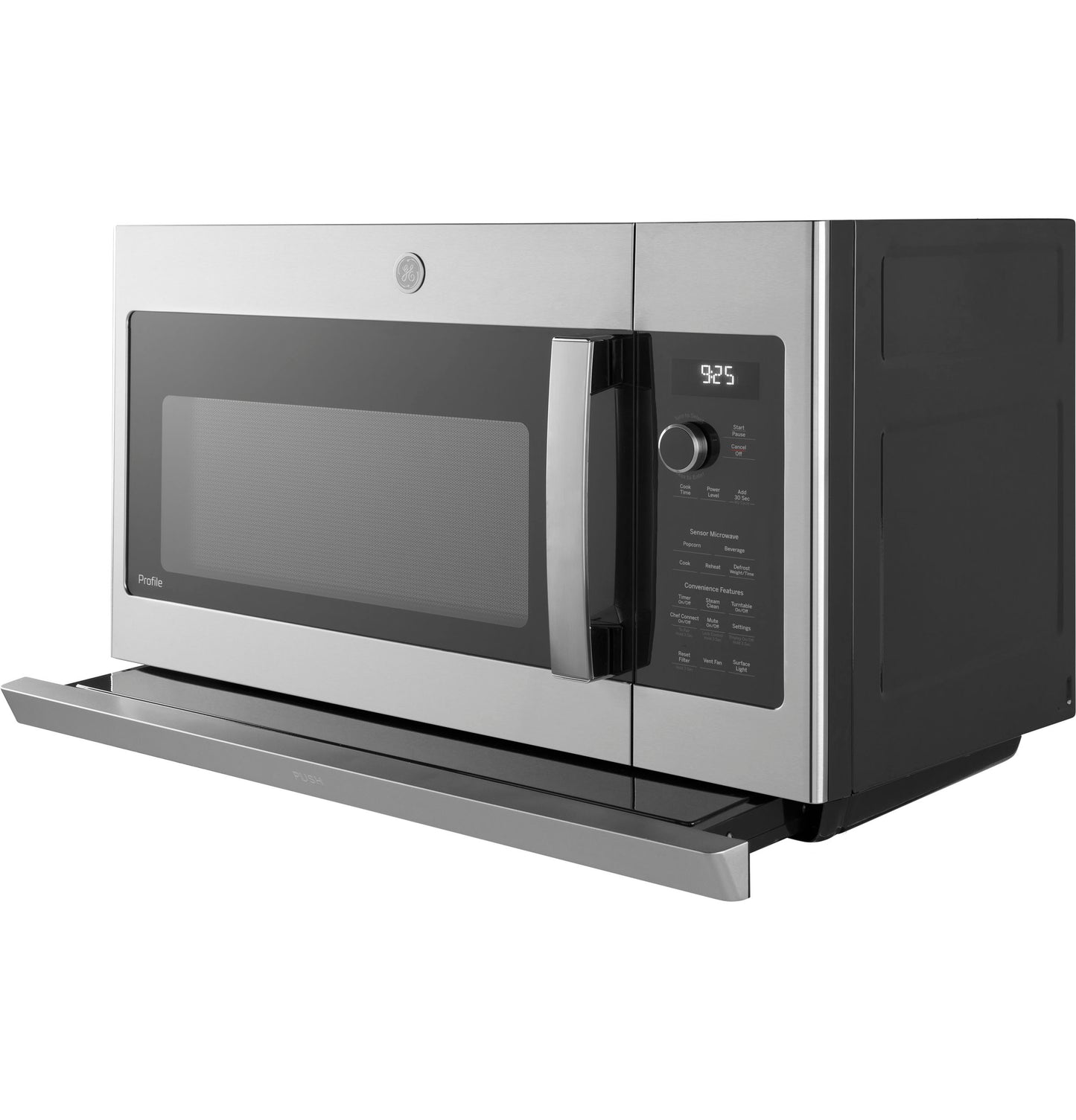 Stainless steel microwave with sensor controls, digital display, and slide-out vent, part of Microwaves collection