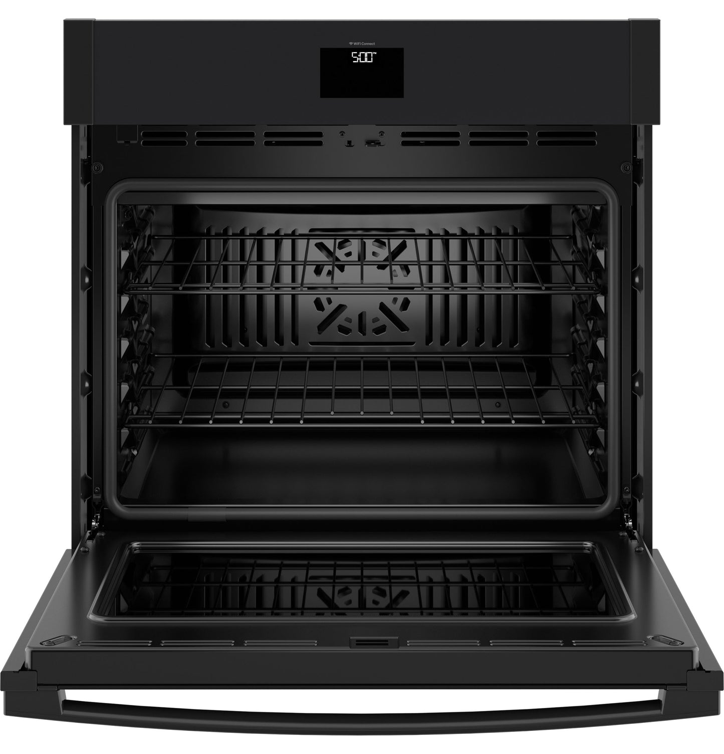 Black built-in convection single wall oven open with racks and digital temperature display from kitchen appliances collection