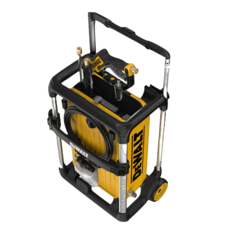 Yellow and black brushless electric pressure washer with hose, wheels, and ergonomic handle for tools and home improvement tasks