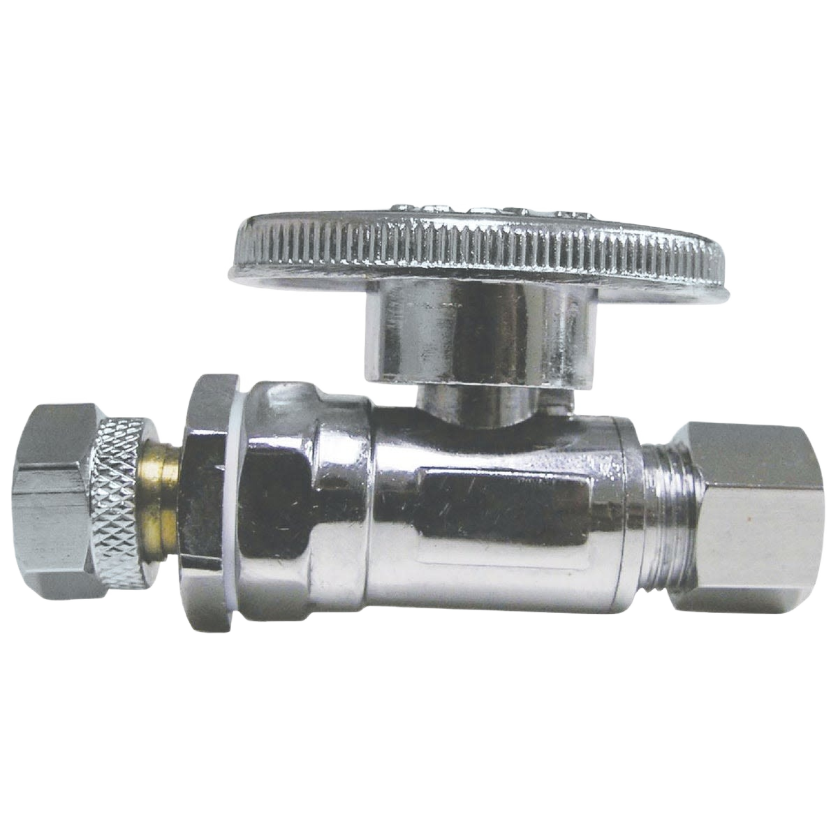 Chrome quarter-turn straight stop valve with retro-fit design for plumbing and home improvement projects
