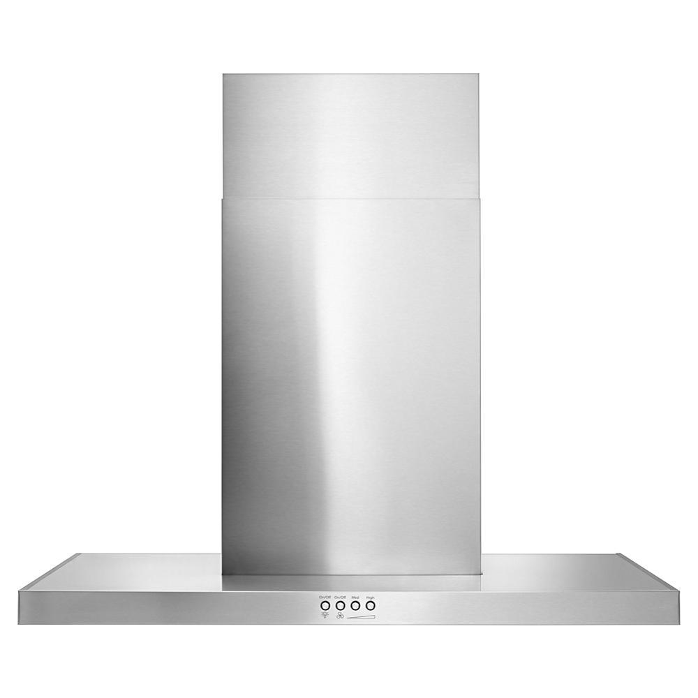 Stainless steel wall mount range hood with flat design and control buttons in kitchen and appliance collection