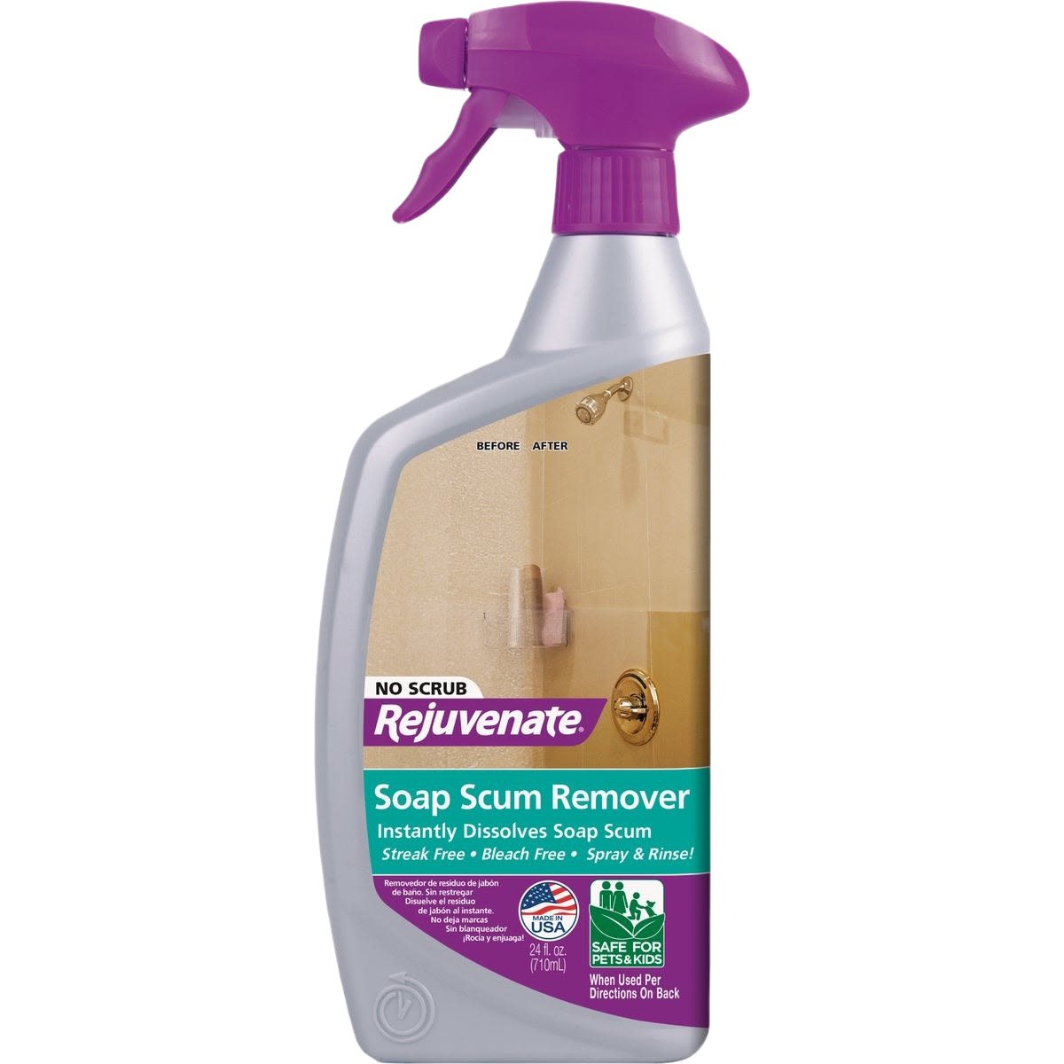 24 oz spray bottle of purple-capped soap scum remover for bathroom cleaners in cleaning supplies collection
