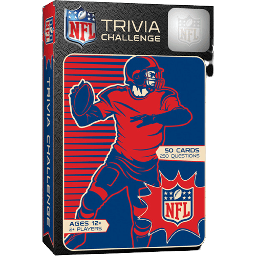 Compact NFL-themed trivia card game with 50 cards and 250 questions for ages 12 and up in board games collection