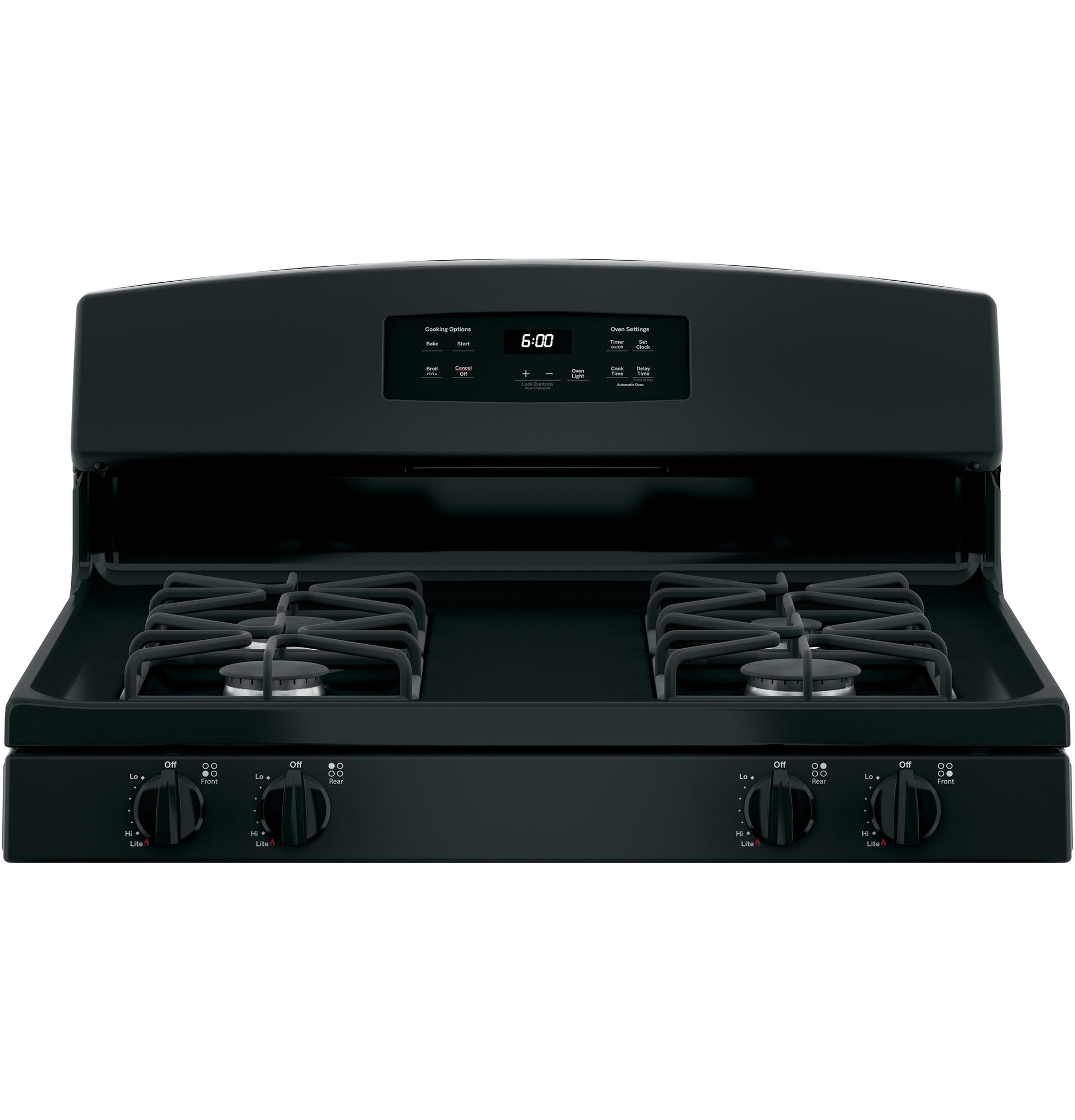 Front view of black gas range with four burners, control knobs, and digital timer in kitchen appliances collection