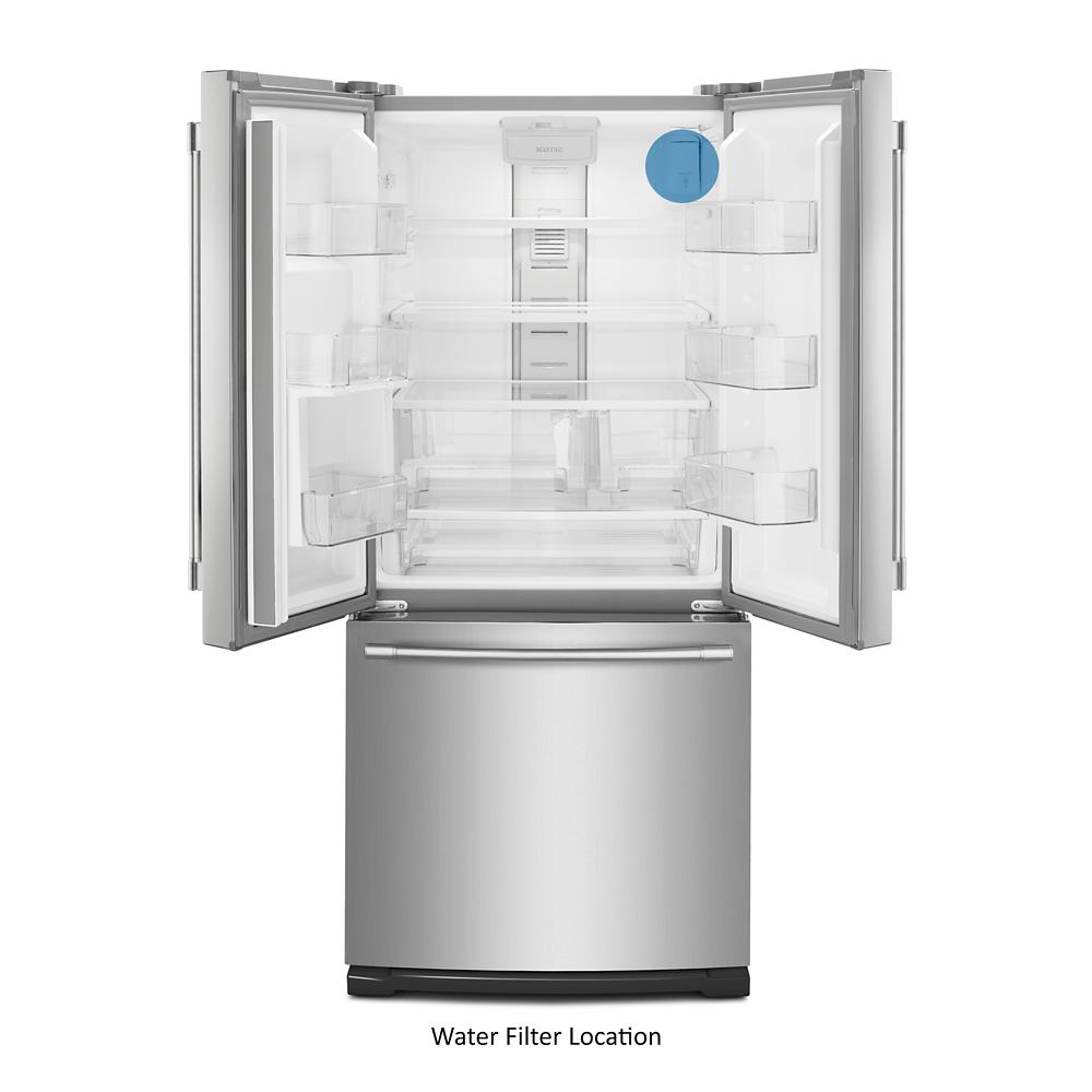 Open French door refrigerator in fingerprint resistant stainless steel with spacious adjustable shelves and bottom freezer drawer