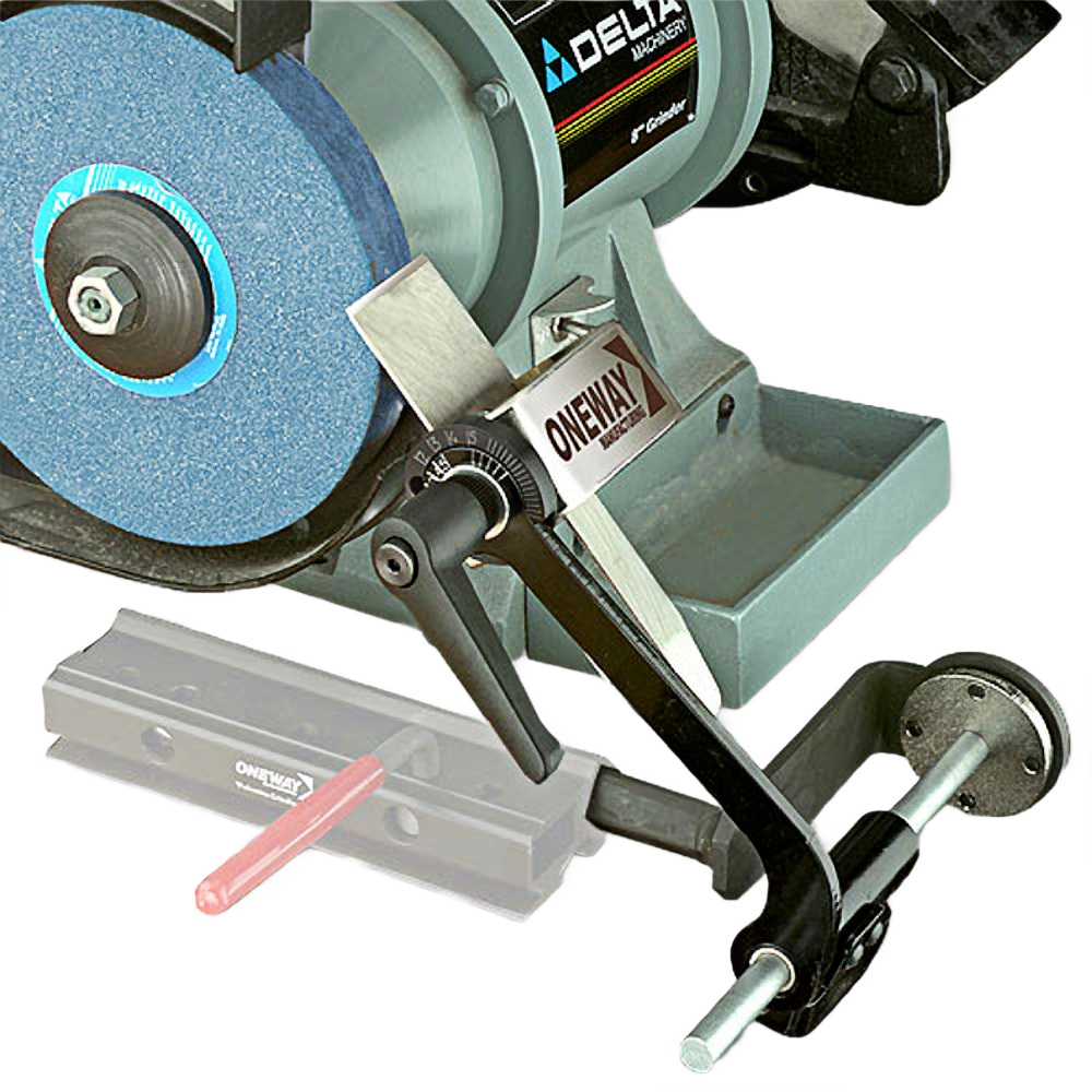 Black metal sharpening jig with adjustable angle guide designed for grinding and honing tools without a base.