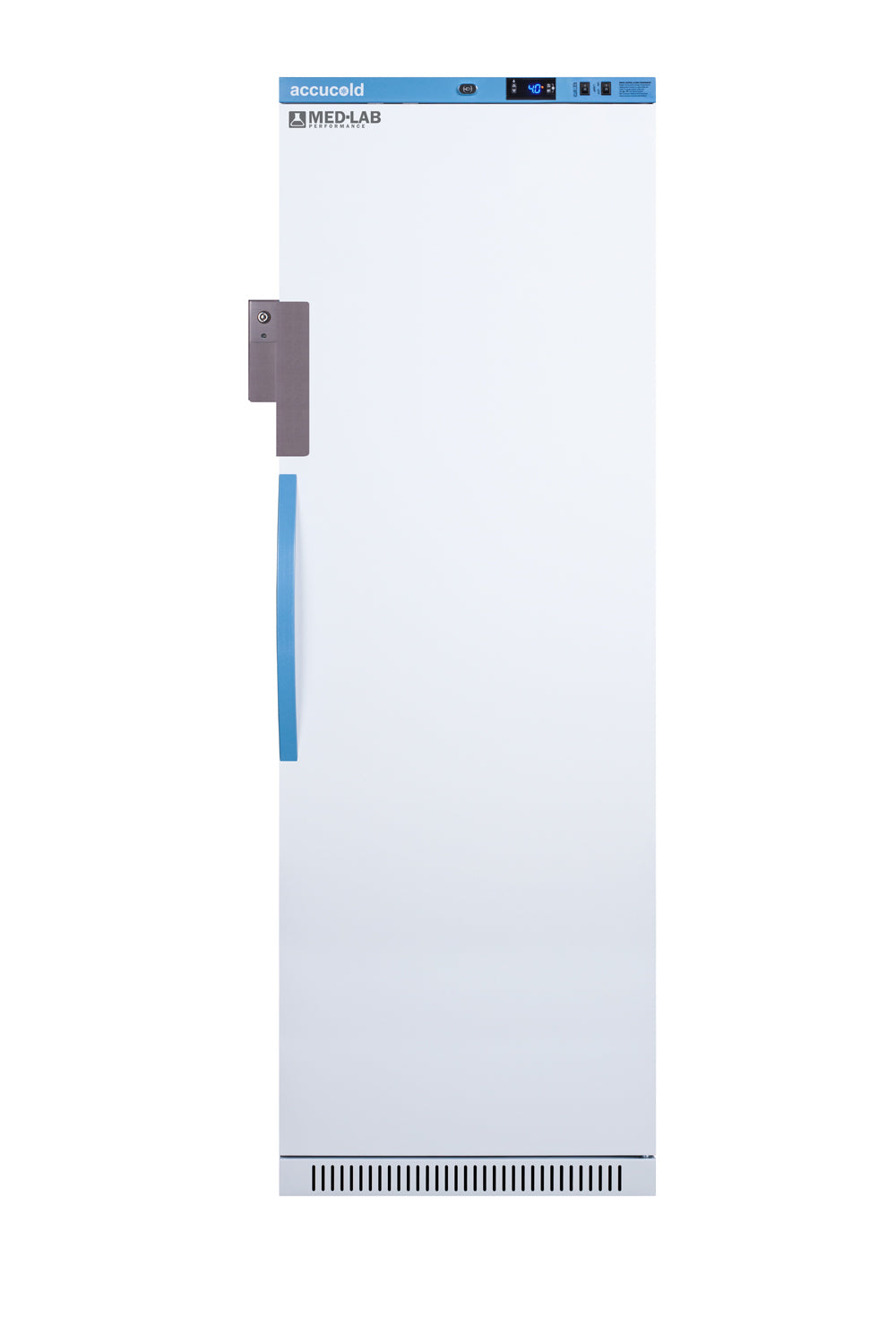 Tall upright laboratory refrigerator with digital control panel and powder-coated silver ion handle in Appliances collection