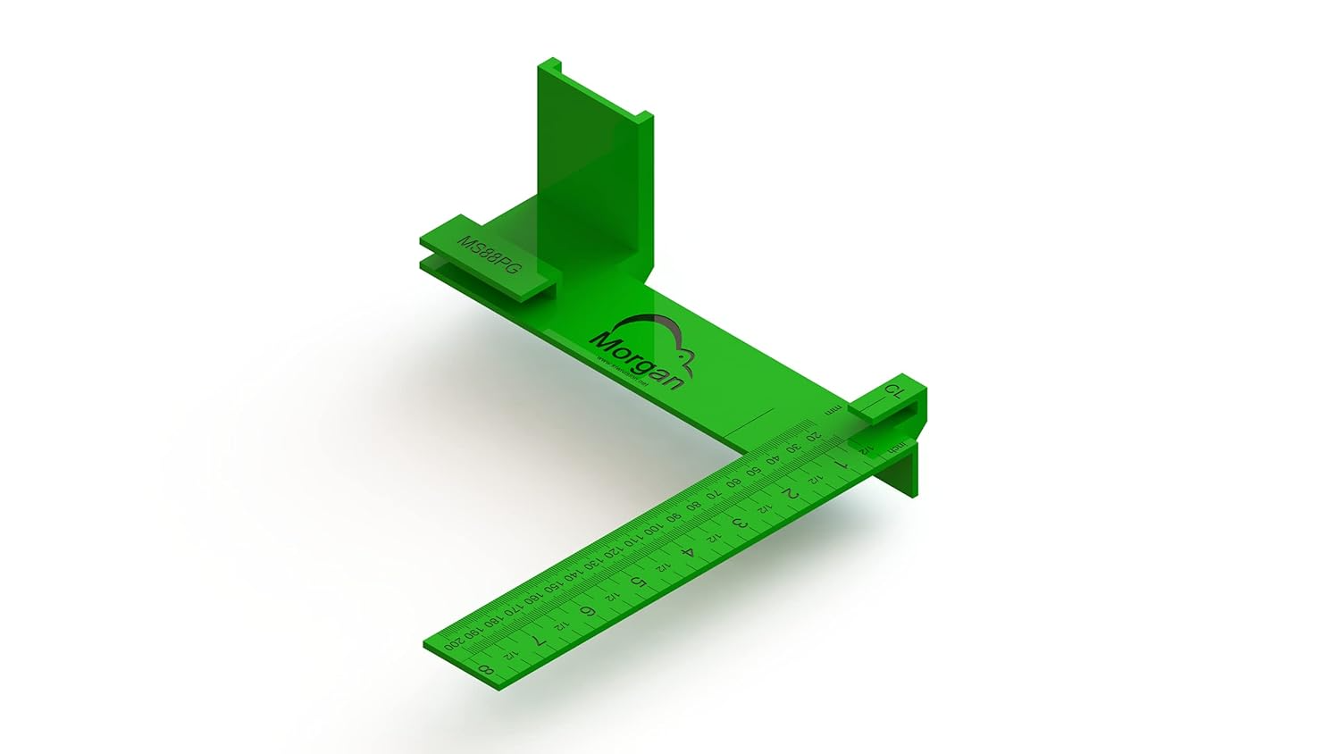 Green plastic 8-inch square tool with measurement markings and a raised perpendicular support for home improvement tasks