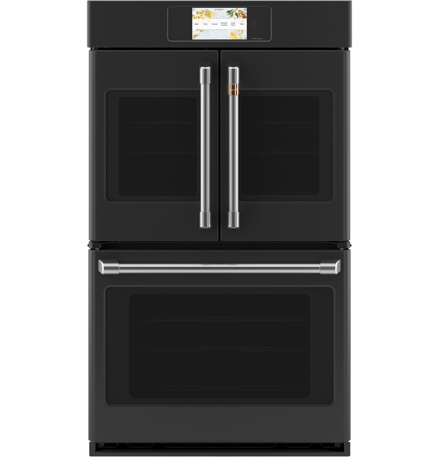 Black built-in convection double wall oven with French doors and digital touchscreen in kitchen appliances collection